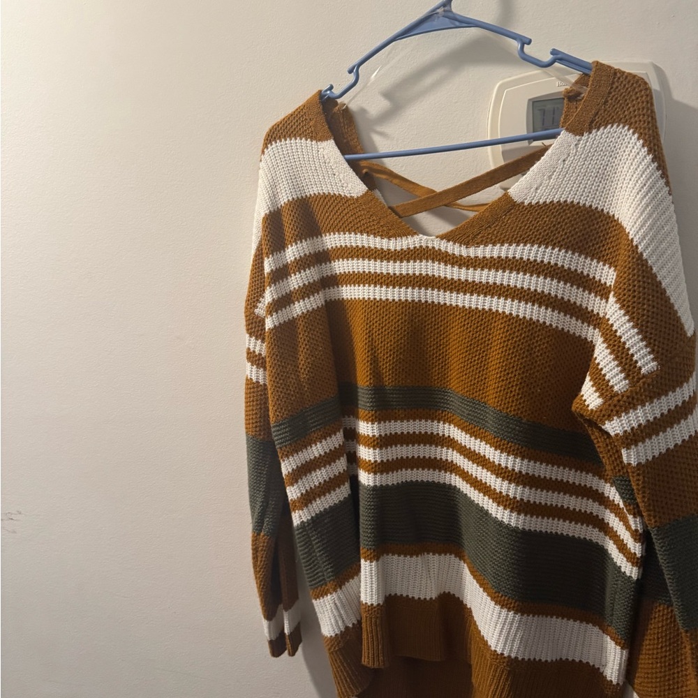 Striped V-Neck Sweater - Brown, White, and Gray